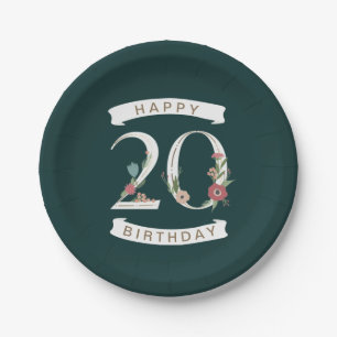 Beautiful Floral Numerals 20th Birthday Paper Plate