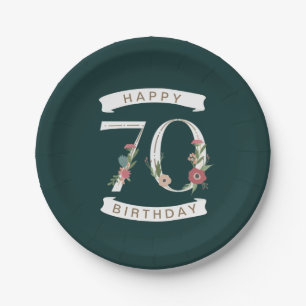 Beautiful Floral Numerals 70th Birthday Paper Plate