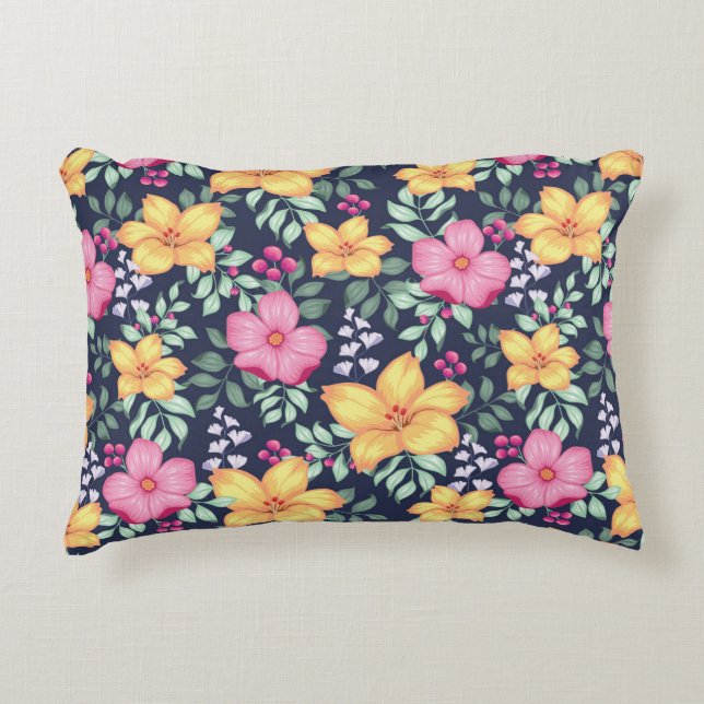 Beautiful Floral Pattern Flowers Foliage Blue Pink Accent Pillow (Front)