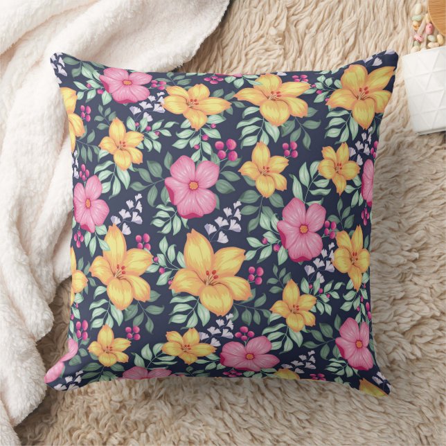 Beautiful Floral Pattern Flowers Foliage Blue Pink Throw Pillow (Blanket)