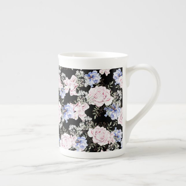 Beautiful Floral Pattern Roses Iris Pink Blue  Bone China Mug (Right)