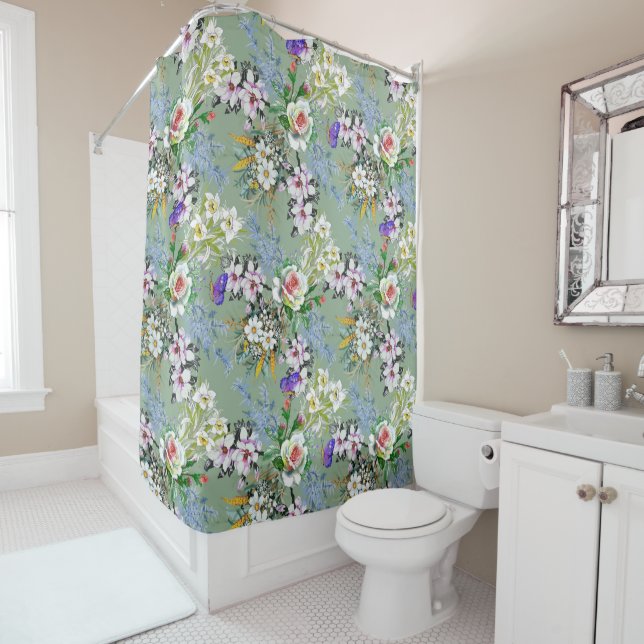 Beautiful Floral Pattern Roses Wildflowers Green (In Situ)