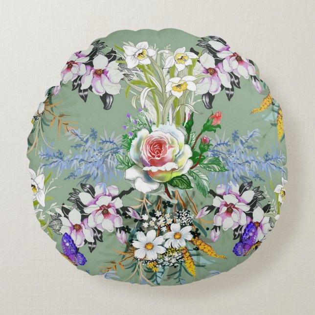Beautiful Floral Pattern Roses Wildflowers Green Round Pillow (Front)