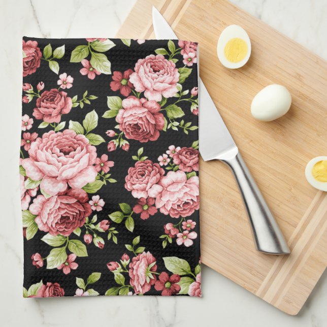 Beautiful Floral Pattern Roses with Green Foliage Kitchen Towel (Quarter Fold)