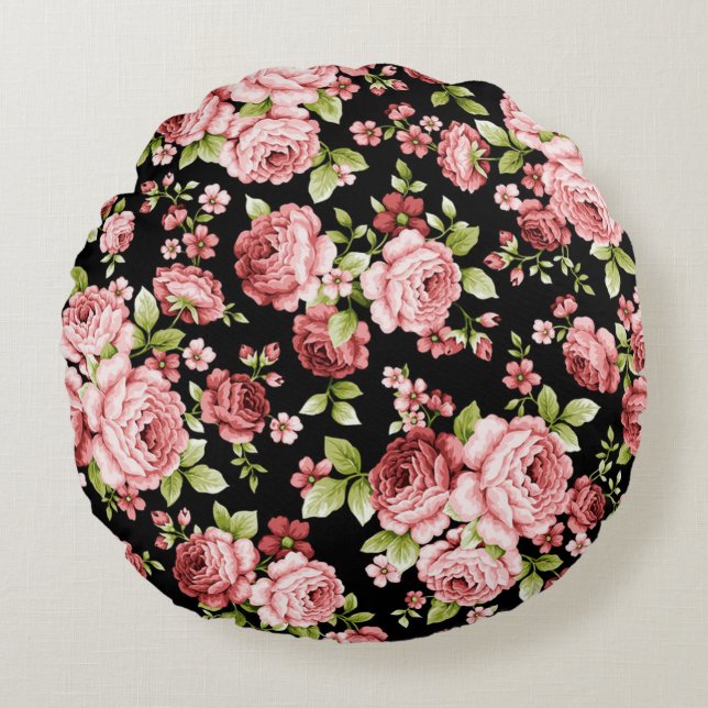 Beautiful Floral Pattern Roses with Green Foliage Round Pillow (Front)
