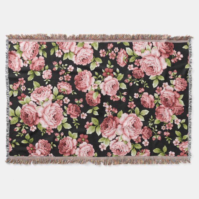 Beautiful Floral Pattern Roses with Green Foliage Throw Blanket (Front)