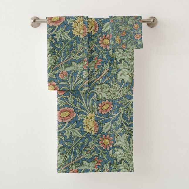 Beautiful Floral Pattern William Morris Green Pink Bath Towel Set (Insitu)