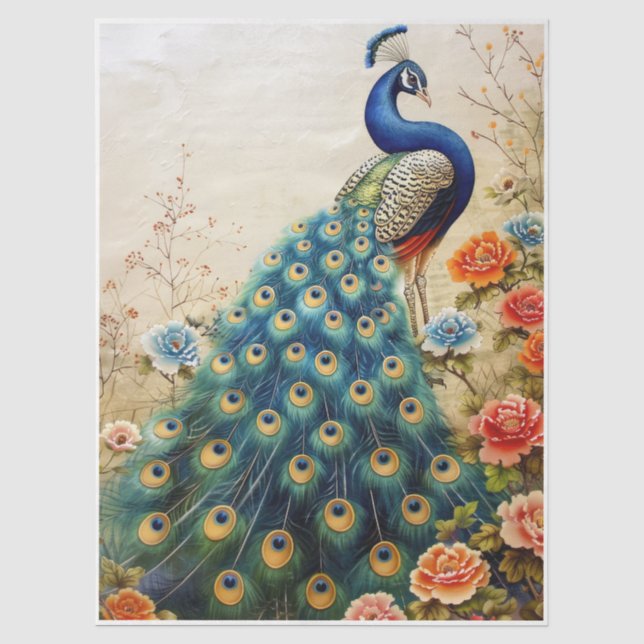 Beautiful Floral Peacock Decoupage Tissue Paper (Front)