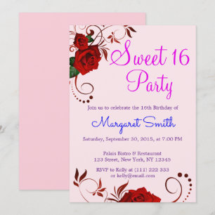 Beautiful Floral Red Rose Sweet 16 Invite