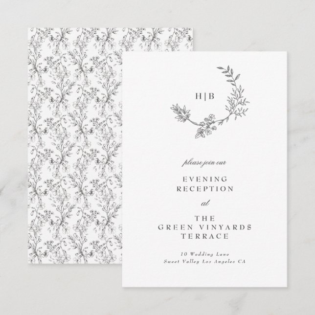 Beautiful Floral Sketched Wreath Wedding Reception Enclosure Card (Front/Back)