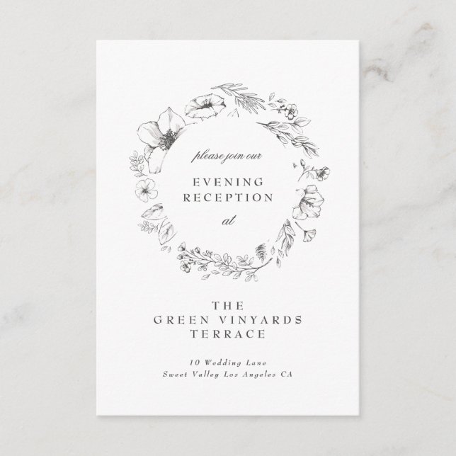 Beautiful Floral Sketched Wreath Wedding Reception Enclosure Card (Front)