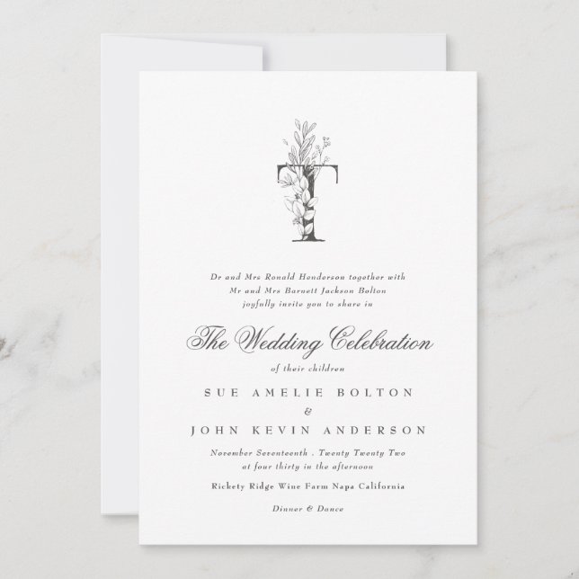 Beautiful Floral 'T' Monogram Sketched Wedding Invitation (Front)
