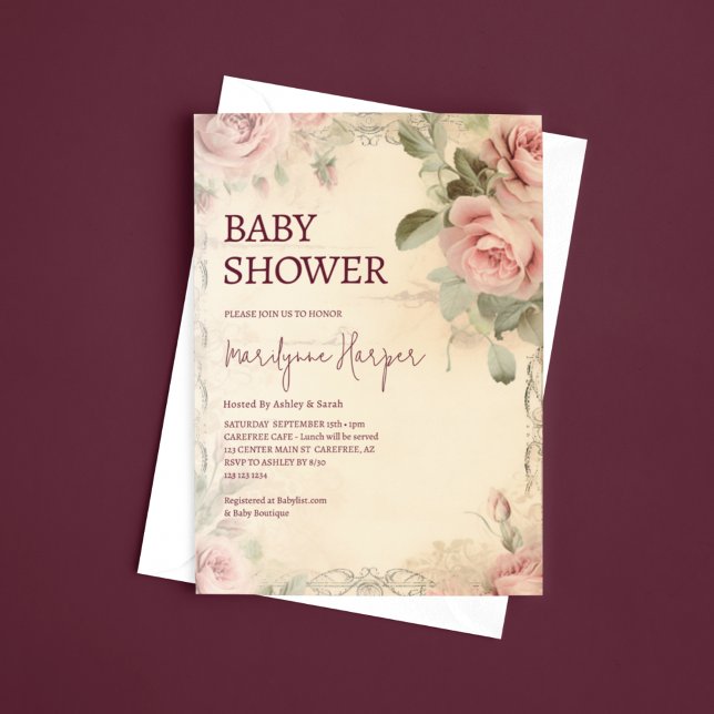 Beautiful Floral Vintage Roses Baby Shower Invitation (Creator Uploaded)