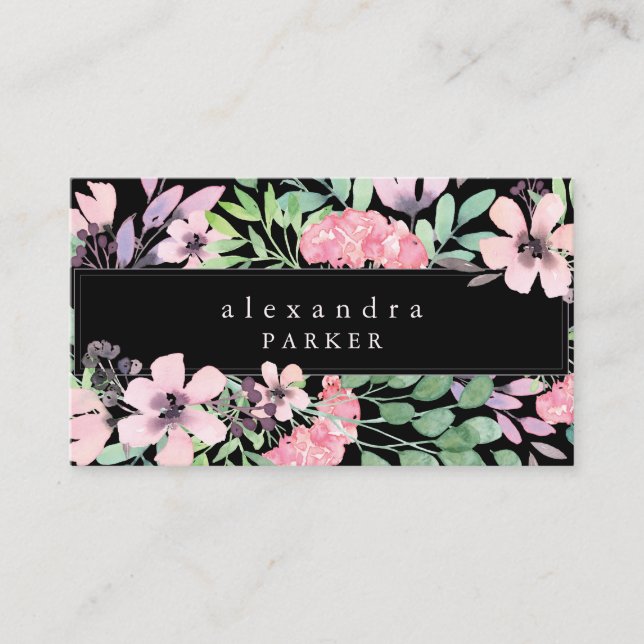 Beautiful Floral | Watercolor Frame on Black Business Card (Front)
