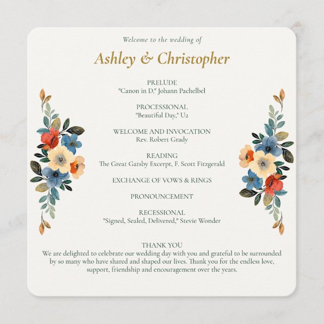 Beautiful Floral Watercolor Wedding Program (Front)