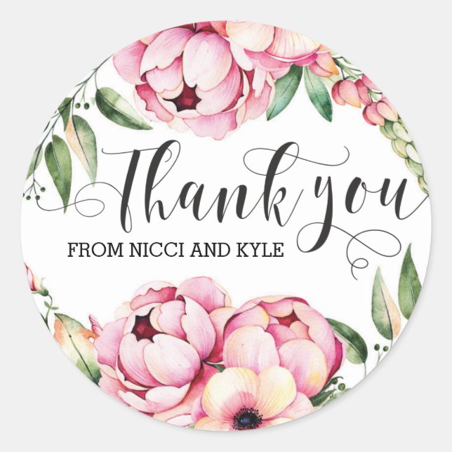 Beautiful Floral Wedding Thank You Stickers (Front)
