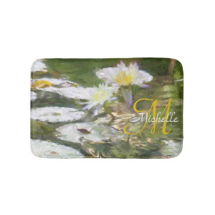 Beautiful Floral White Water Lilies Name Initial  Bath Mat