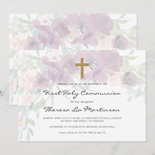 Beautiful Floral with Cross First Holy Communion Invitation (Front/Back)