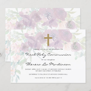 Beautiful Floral with Cross First Holy Communion Invitation