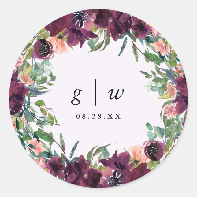 Beautiful Floral with Monograms Wedding Classic Round Sticker (Front)