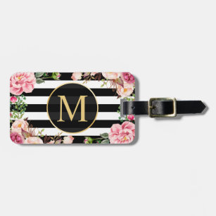 Beautiful Floral Wrap Black White Stripes Monogram Luggage Tag