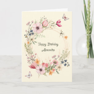 Beautiful Floral Wreath and Butterflies Birthday Card
