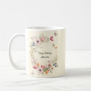 Beautiful Floral Wreath and Butterflies Birthday Coffee Mug