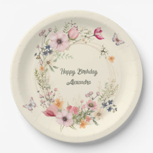 Beautiful Floral Wreath and Butterflies Birthday Paper Plate