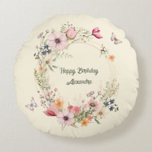 Beautiful Floral Wreath and Butterflies Birthday Round Pillow