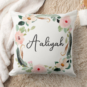Beautiful Floral Wreath Name Monogram Throw Pillow