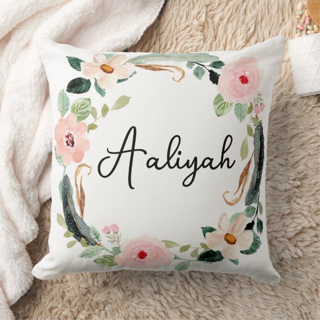 Beautiful Floral Wreath Name Monogram  Throw Pillow (Blanket)