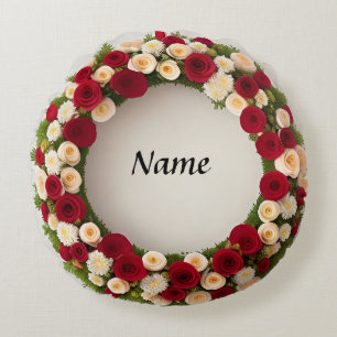 Beautiful Floral Wreath with Colourful Flowers Round Pillow