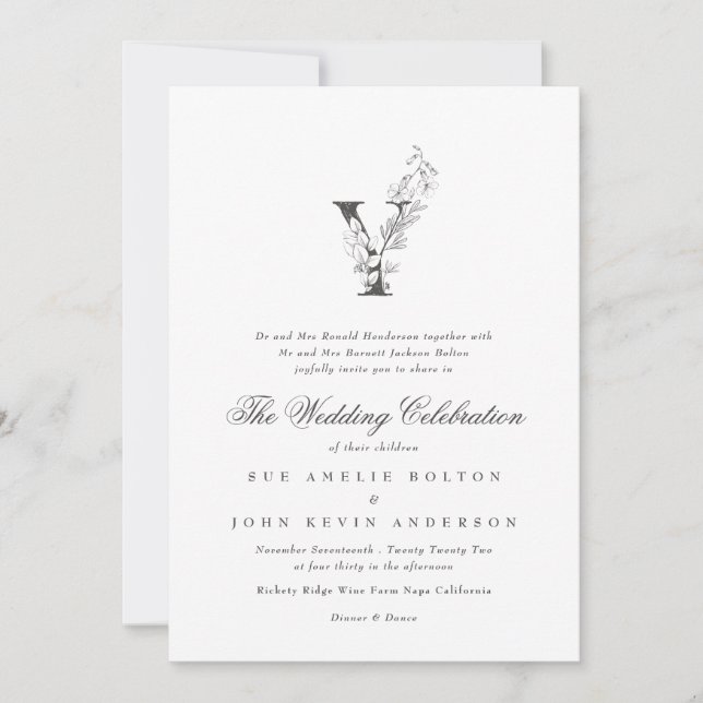 Beautiful Floral 'Y' Monogram Sketched Wedding Invitation (Front)