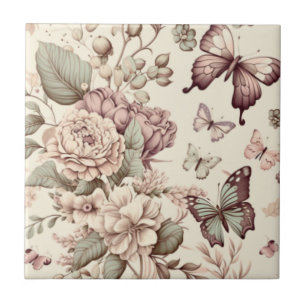 Beautiful flowers and butterflies pastel colours tile