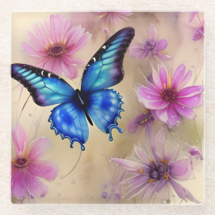 Beautiful Flowers and Butterfly Glass Coaster
