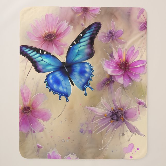 Beautiful Flowers and Butterfly  Sherpa Blanket (Front)
