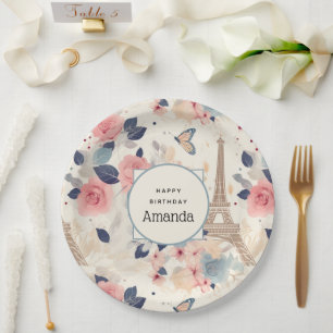 Beautiful Flowers and Eiffel Tower Paris Birthday Paper Plate