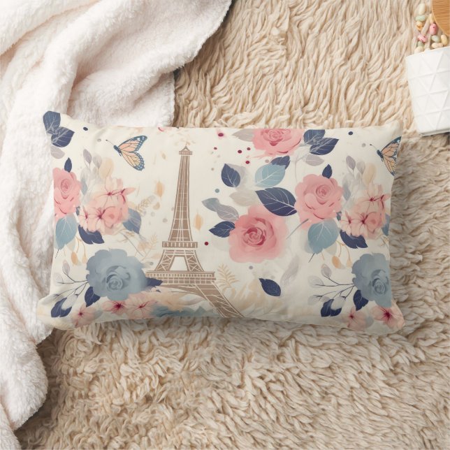 Beautiful Flowers and Eiffel Tower Paris Lumbar Pillow (Blanket)