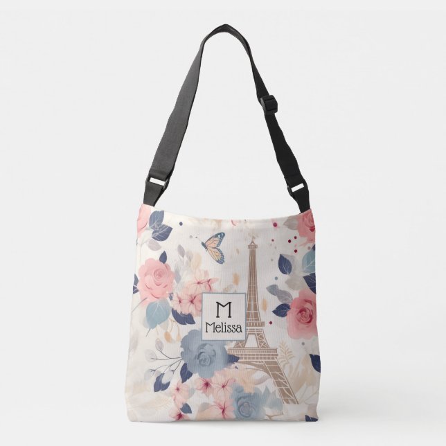 Beautiful Flowers and Eiffel Tower Paris Monogram Crossbody Bag (Front)