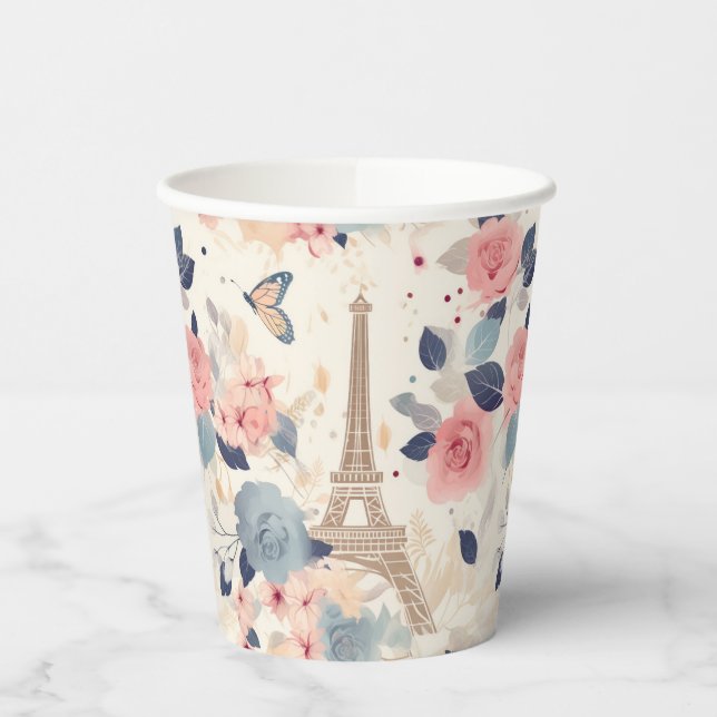 Beautiful Flowers and Eiffel Tower Paris Paper Cups (Left)