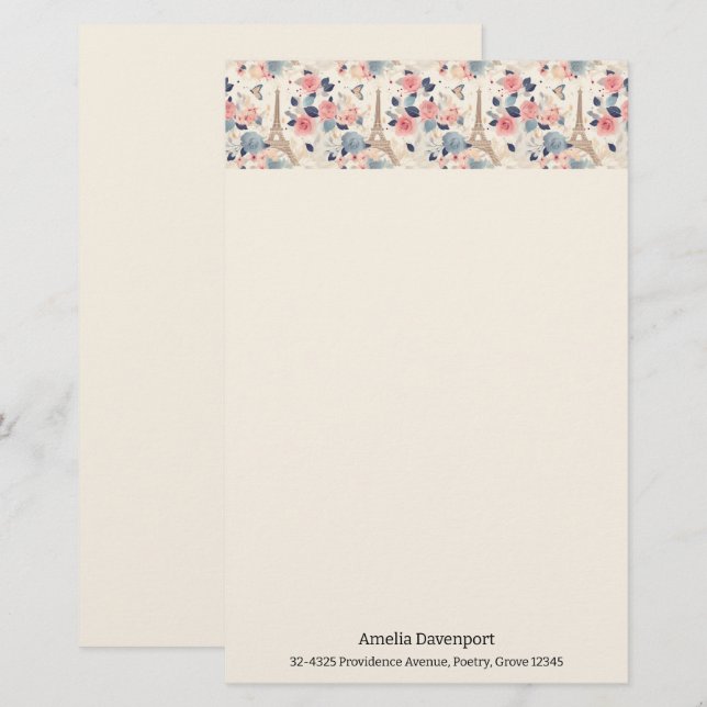 Beautiful Flowers and Eiffel Tower Paris Pattern Stationery (Front/Back)