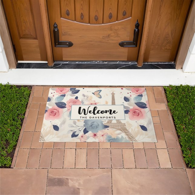 Beautiful Flowers and Eiffel Tower Paris Welcome Doormat (Outdoor)