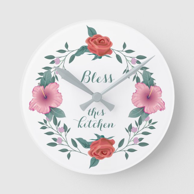 Beautiful Flowers, Bless this Kitchen Round Clock (Front)