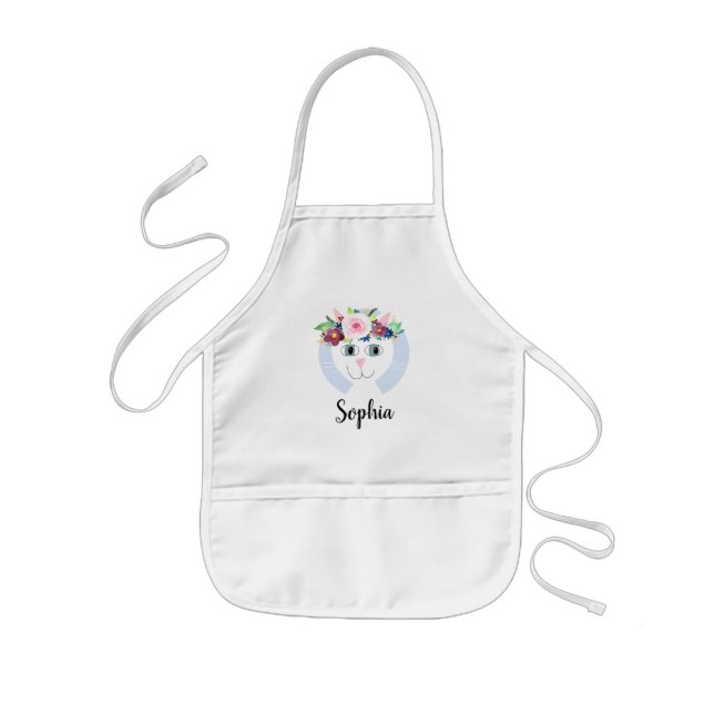 Beautiful Flowers Cute Watercolor Cat with Name Kids Apron (Front)