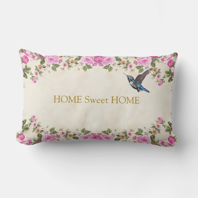 Beautiful Flowers & Hummingbird Home Sweet Home Lumbar Pillow (Front)