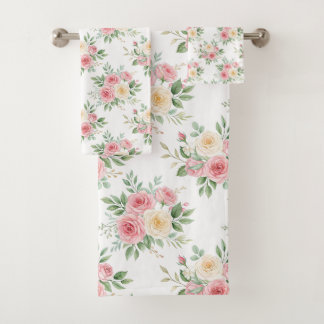 Beautiful Flowers in Pastel Color on White Bath Towel Set