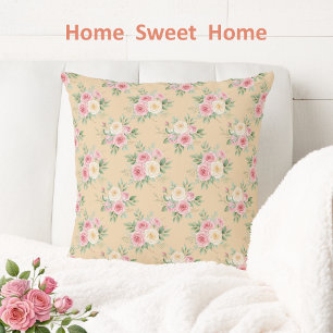 Beautiful Flowers in Pastel Colour on Beige Throw Pillow
