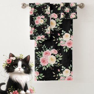 Beautiful Flowers in Pastel Colour on Black Bath Towel Set