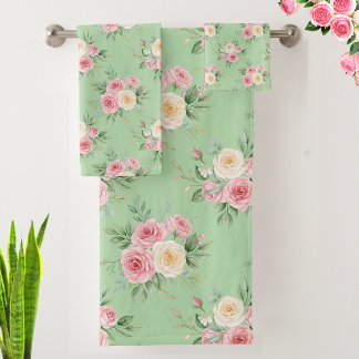 Beautiful Flowers in Pastel Colour on Pale Green Bath Towel Set