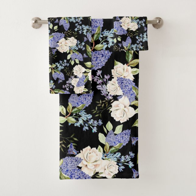 Beautiful Flowers Lilac Roses Purple Blue on Black Bath Towel Set (Insitu)